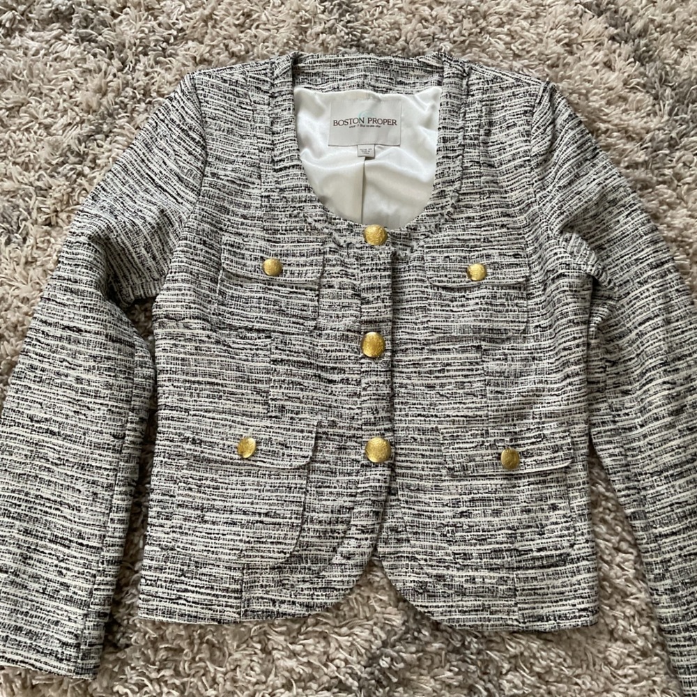 Boston Proper Women's Tweed Blazer‎ Gold Button Jacket Size 10